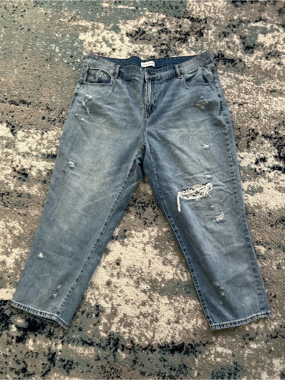 Lane Bryant Light Blue Distressed Denim Jeans with Lace Inlay and Branded Button